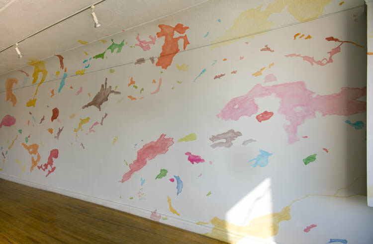 those who are familiar with the greater sudbury area will recognize the shape of turtle lake in colette laliberte wall paintin at the galeire du Nouvel Ontario